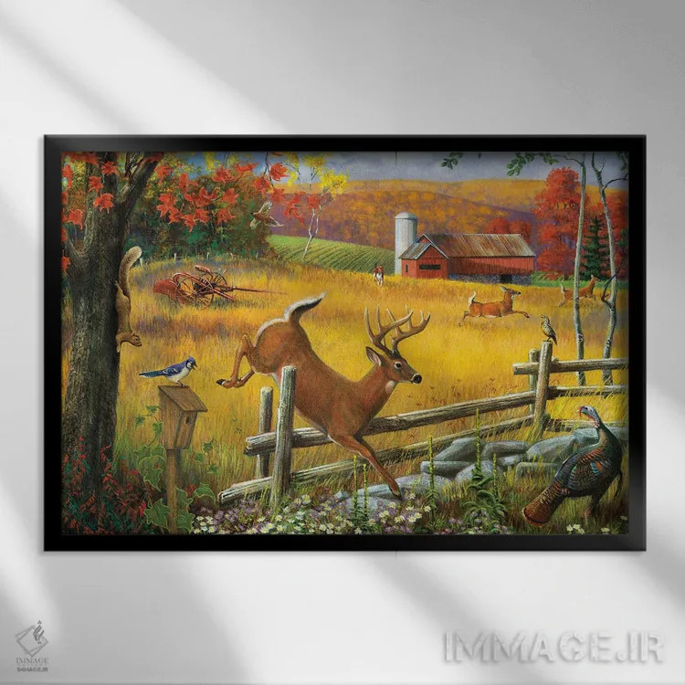 تابلو دکوراتیو گوزنی که از حصار می پرد اثر جی. چارلز - نمای قابدار مشکی