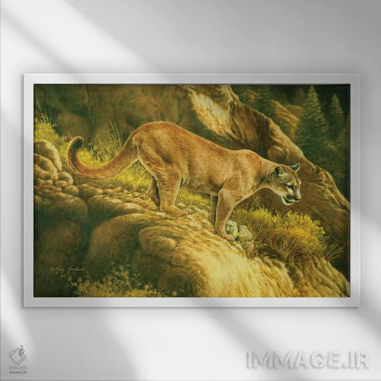 تابلو دکوراتیو شیر کوهی اثر گرگ جوردانو - نمای قابدار سفید