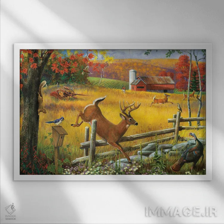 تابلو دکوراتیو گوزنی که از حصار می پرد اثر جی. چارلز - نمای قابدار سفید