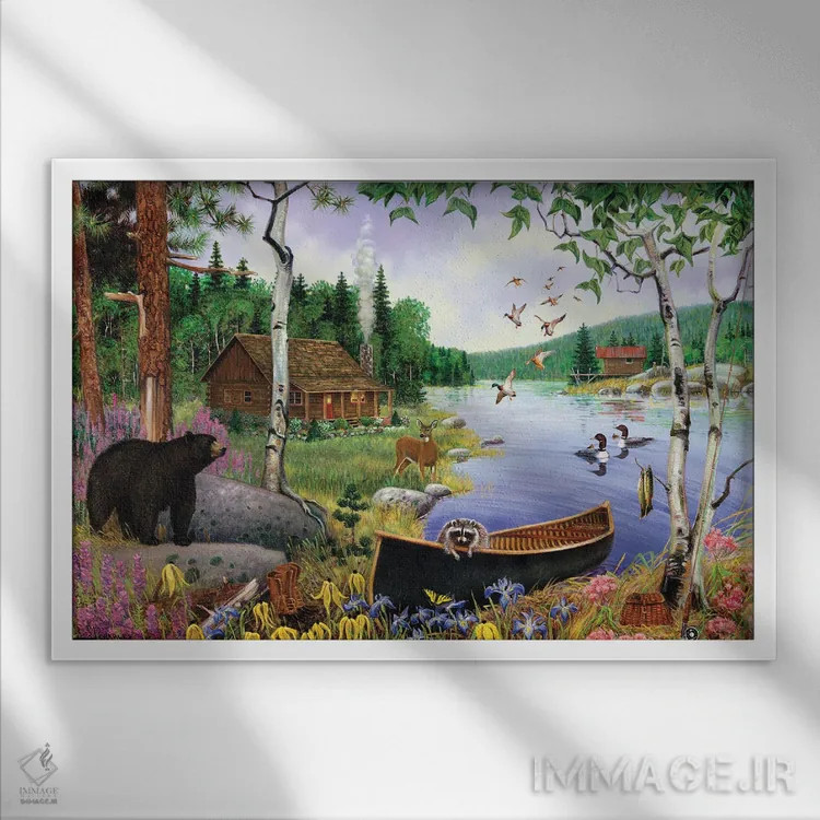 تابلو دکوراتیو حیوانات کنار دریاچه اثر جی. چارلز - نمای قابدار سفید