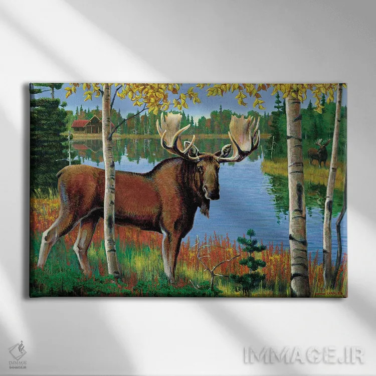 تابلو دکوراتیو گوزن شمالی کنار دریاچه اثر جی. چارلز - نمای روبهرو روی دیوار