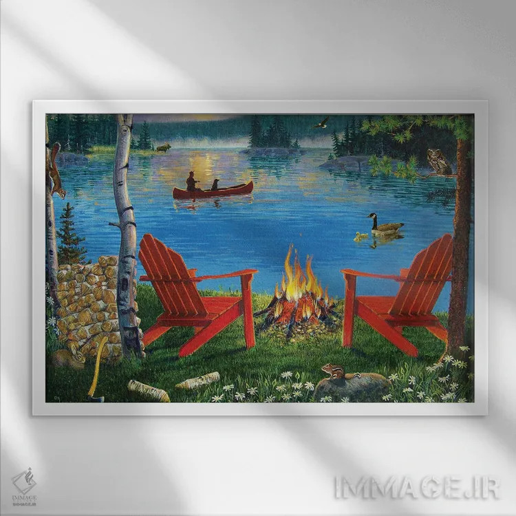 تابلو دکوراتیو صندلی های آدیرونداک کنار دریاچه اثر جی. چارلز - نمای قابدار سفید