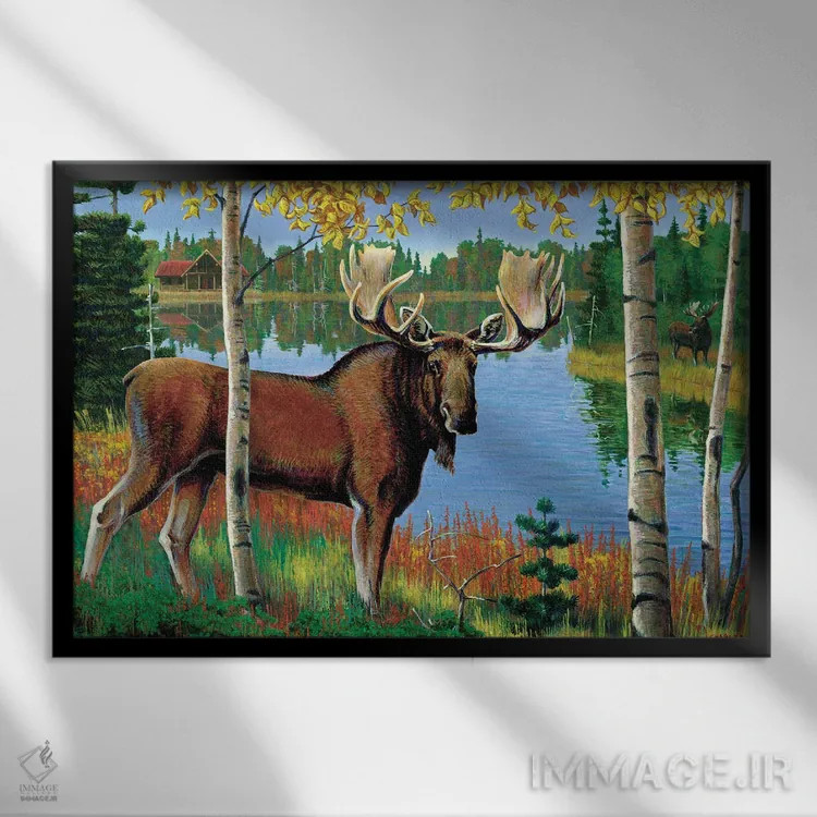 تابلو دکوراتیو گوزن شمالی کنار دریاچه اثر جی. چارلز - نمای قابدار مشکی