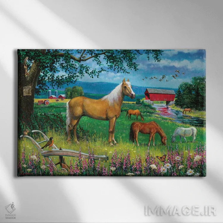 تابلو دکوراتیو اسب ها در مزرعه اثر جی. چارلز - نمای روبهرو روی دیوار
