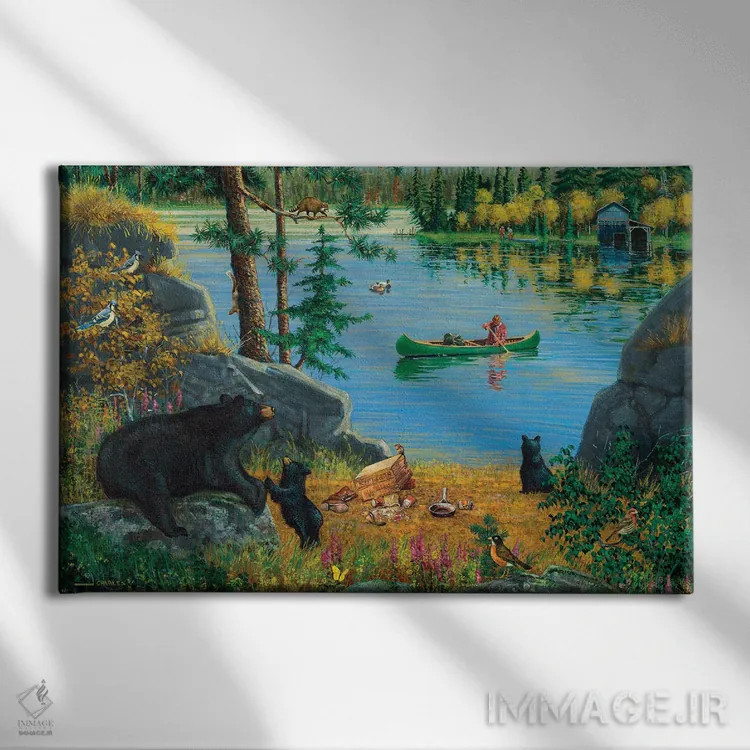 تابلو دکوراتیو خانواده خرس کنار دریاچه اثر جی. چارلز - نمای روبهرو روی دیوار