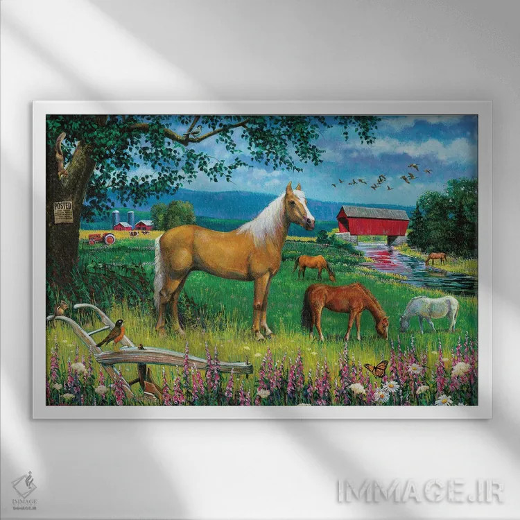 تابلو دکوراتیو اسب ها در مزرعه اثر جی. چارلز - نمای قابدار سفید