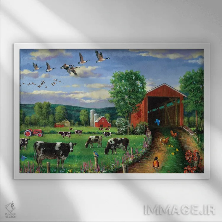 تابلو دکوراتیو غازهایی که بالای پل سرپوشیده پرواز می کنند اثر جی. چارلز - نمای قابدار سفید