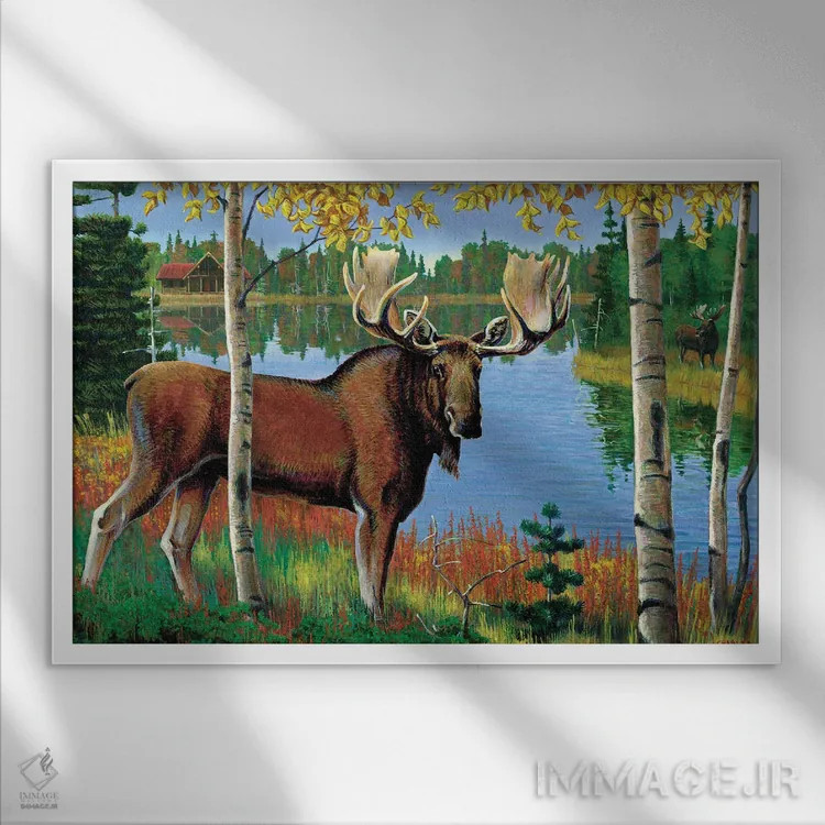 تابلو دکوراتیو گوزن شمالی کنار دریاچه اثر جی. چارلز - نمای قابدار سفید