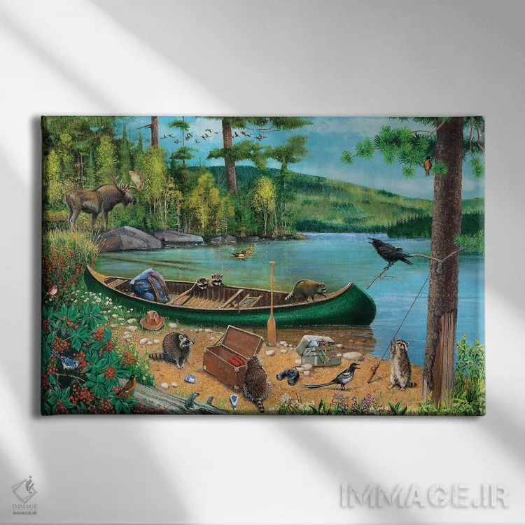 تابلو دکوراتیو قایق سبز کنار دریاچه اثر جی. چارلز - نمای روبهرو روی دیوار