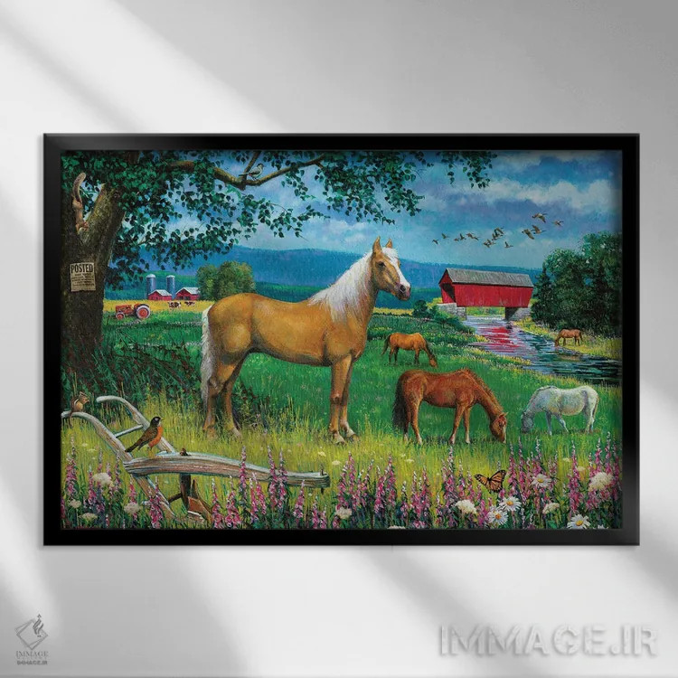 تابلو دکوراتیو اسب ها در مزرعه اثر جی. چارلز - نمای قابدار مشکی
