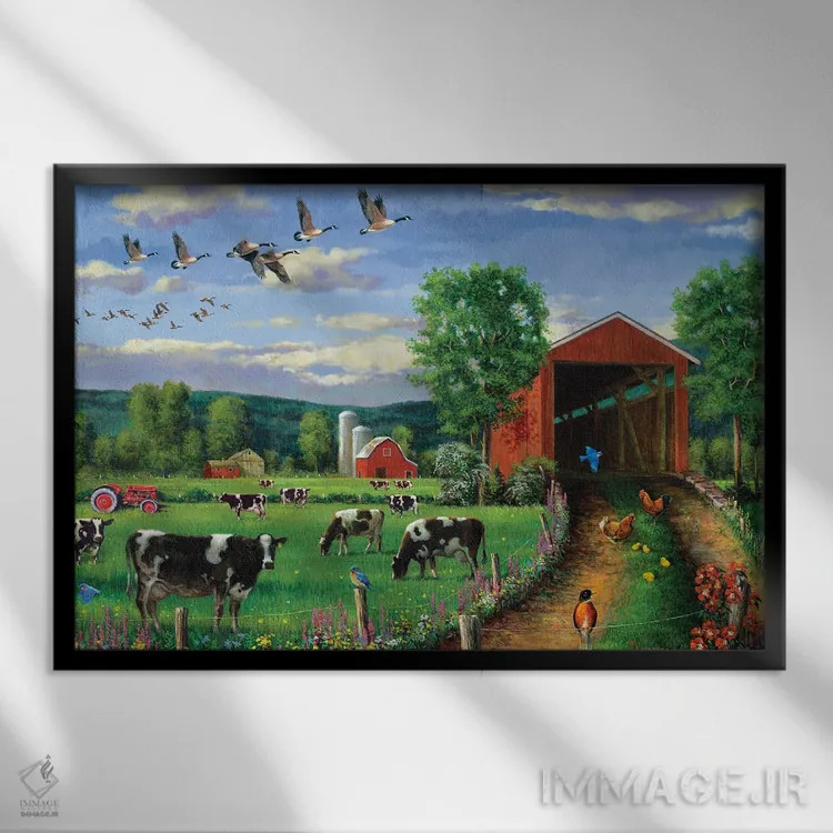 تابلو دکوراتیو غازهایی که بالای پل سرپوشیده پرواز می کنند اثر جی. چارلز - نمای قابدار مشکی