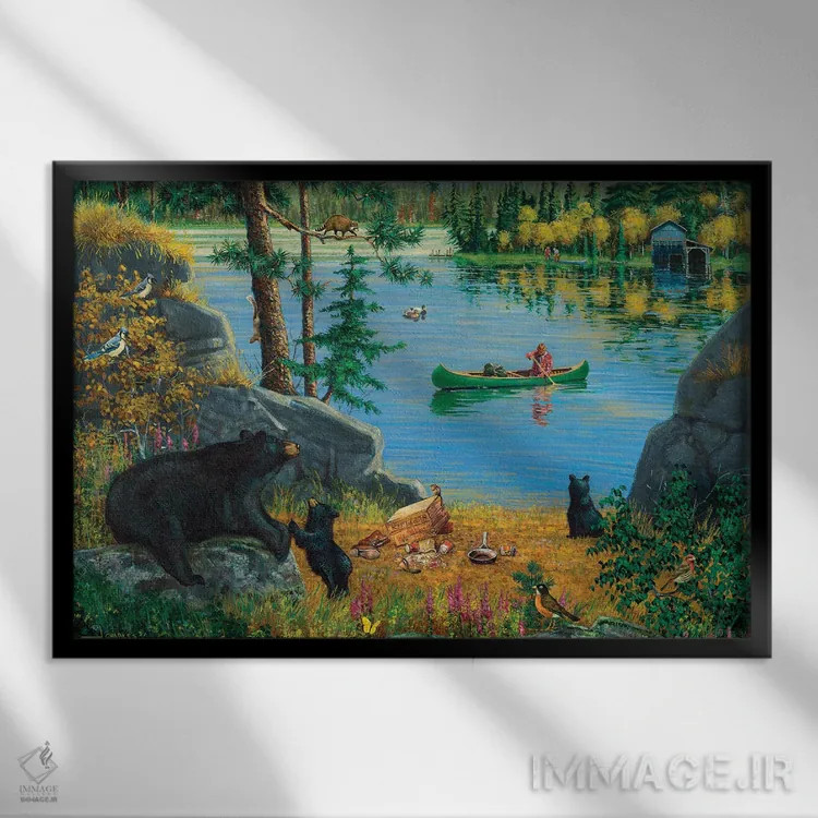 تابلو دکوراتیو خانواده خرس کنار دریاچه اثر جی. چارلز - نمای قابدار مشکی