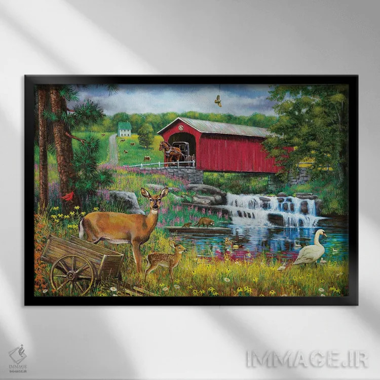 تابلو دکوراتیو آبشار و پل سرپوشیده اثر جی. چارلز - نمای قابدار مشکی