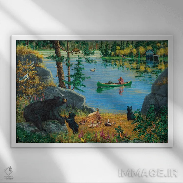 تابلو دکوراتیو خانواده خرس کنار دریاچه اثر جی. چارلز - نمای قابدار سفید