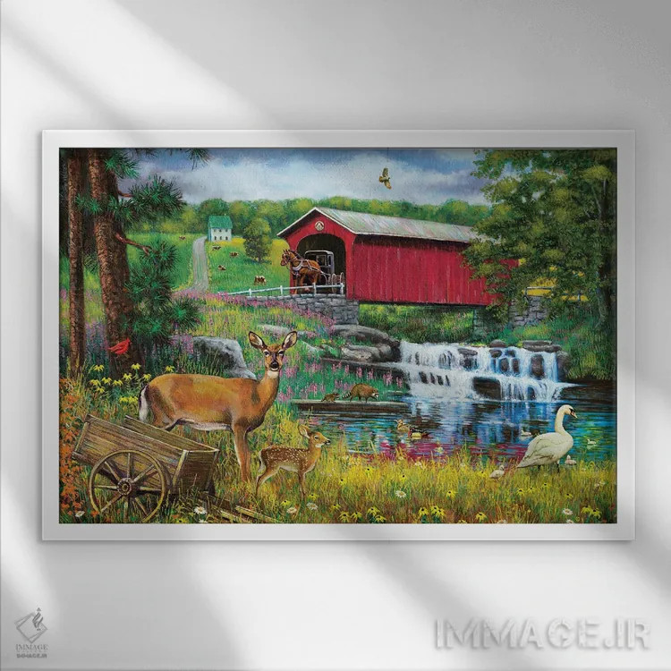 تابلو دکوراتیو آبشار و پل سرپوشیده اثر جی. چارلز - نمای قابدار سفید