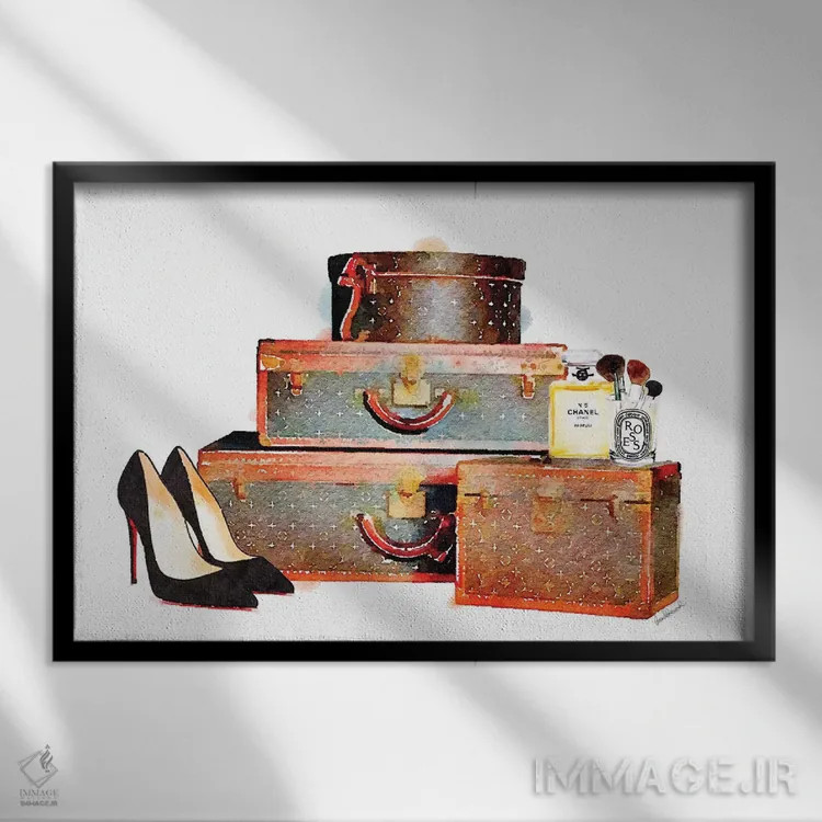 تابلو دکوراتیو ست چمدان و کفش اثر آماندا گرینوود - نمای قابدار مشکی