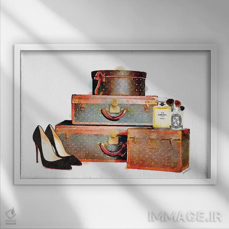 تابلو دکوراتیو ست چمدان و کفش اثر آماندا گرینوود - نمای قابدار سفید