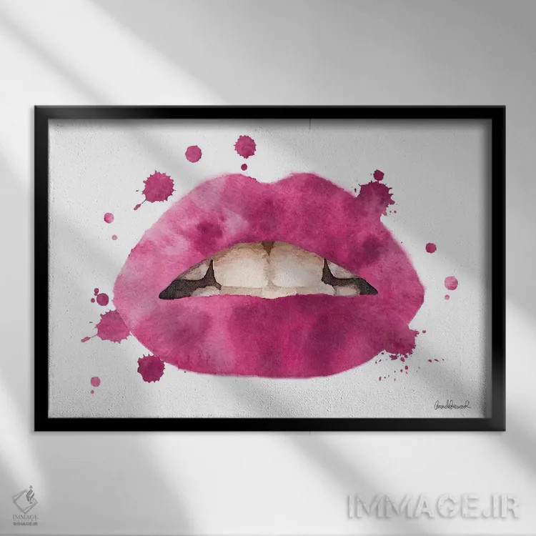 تابلو دکوراتیو Bright Pink,لب ها با پاشش آبرنگی صورتی روشن اثر آماندا گرینوود - نمای قابدار مشکی
