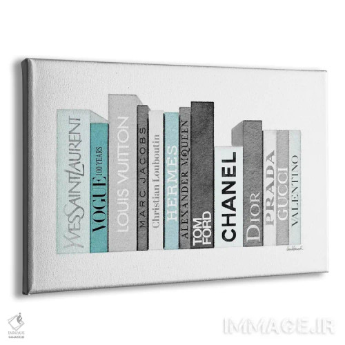 تابلو دکوراتیو قفسه کتاب پر از کتاب های مد خاکستری و فیروزه ای اثر آماندا گرینوود - نمای پرسپکتیو محصول