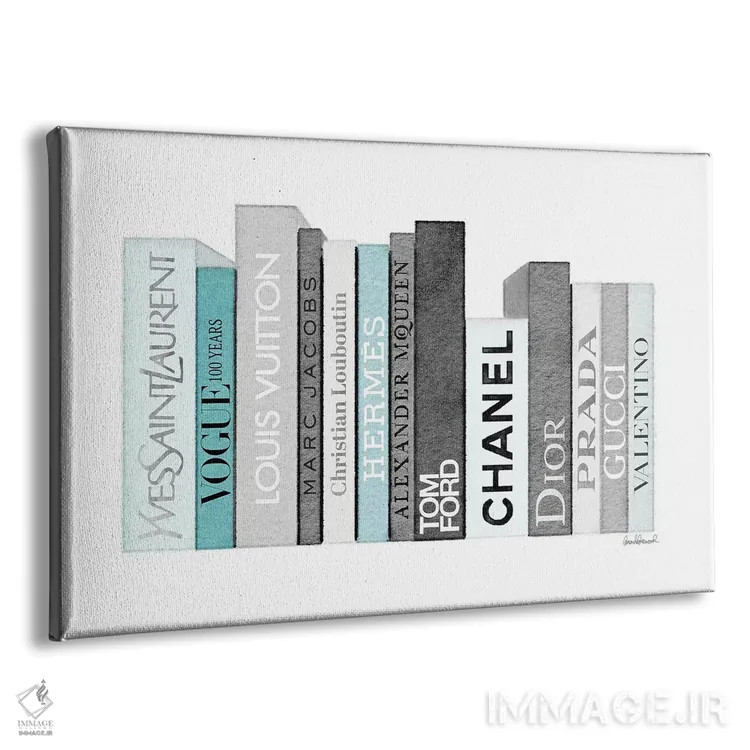 تابلو دکوراتیو قفسه کتاب پر از کتاب های مد خاکستری و فیروزه ای اثر آماندا گرینوود - نمای پرسپکتیو محصول