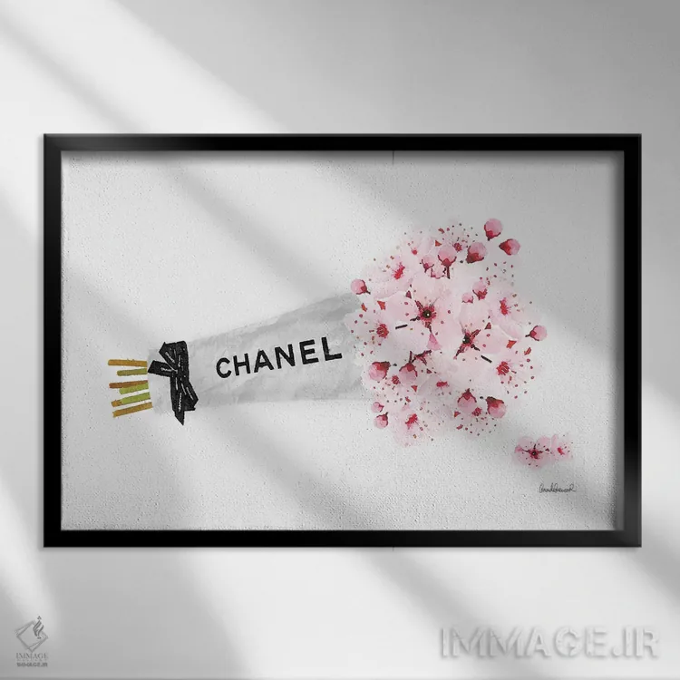 تابلو دکوراتیو دسته گل شکوفه گیلاس شانل اثر آماندا گرینوود - نمای قابدار مشکی