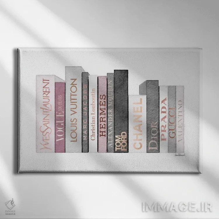 تابلو دکوراتیو Grey, And Pink Fashion Books,قفسه کتاب پر از کتاب های مد… اثر آماندا گرینوود - نمای روبهرو روی دیوار