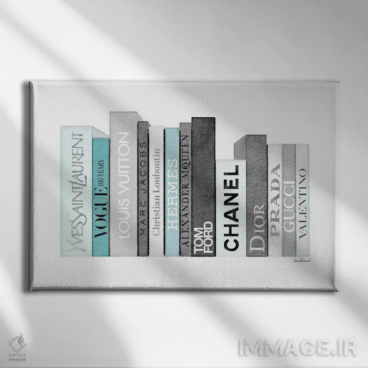 تابلو دکوراتیو قفسه کتاب پر از کتاب های مد خاکستری و فیروزه ای اثر آماندا گرینوود - نمای روبهرو روی دیوار