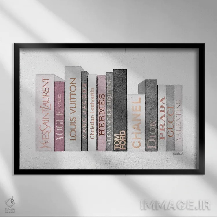 تابلو دکوراتیو Grey, And Pink Fashion Books,قفسه کتاب پر از کتاب های مد… اثر آماندا گرینوود - نمای قابدار مشکی