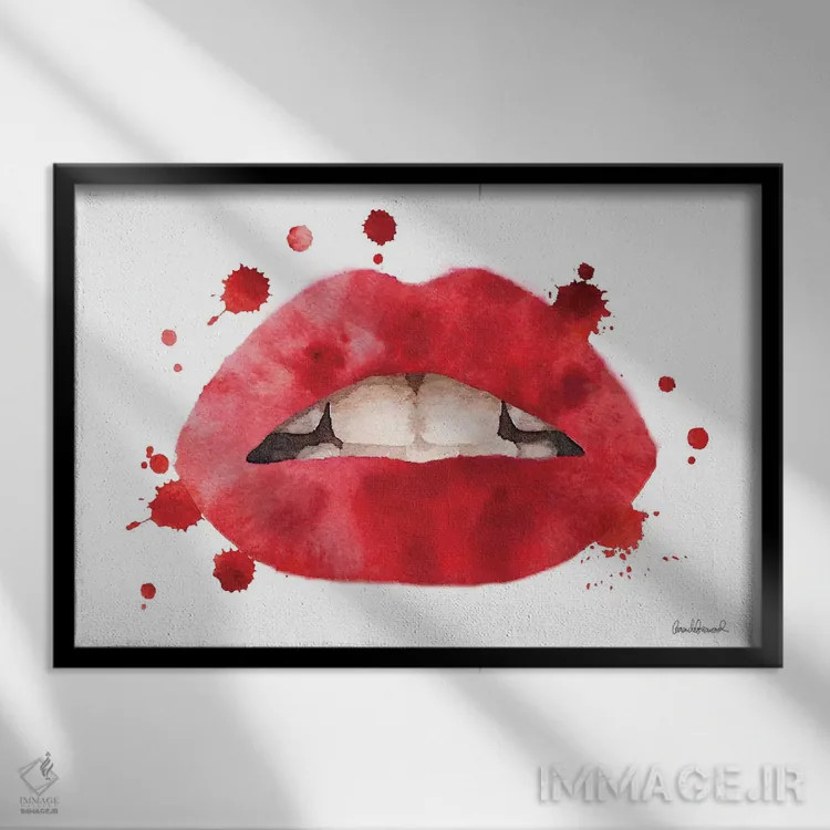 تابلو دکوراتیو Red,لب ها با پاشش آبرنگی قرمز اثر آماندا گرینوود - نمای قابدار مشکی