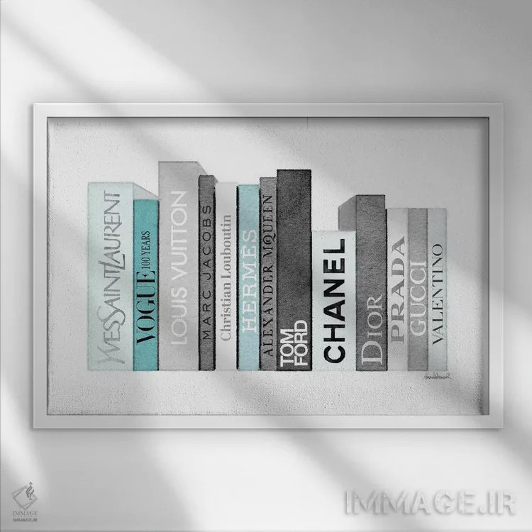 تابلو دکوراتیو قفسه کتاب پر از کتاب های مد خاکستری و فیروزه ای اثر آماندا گرینوود - نمای قابدار سفید