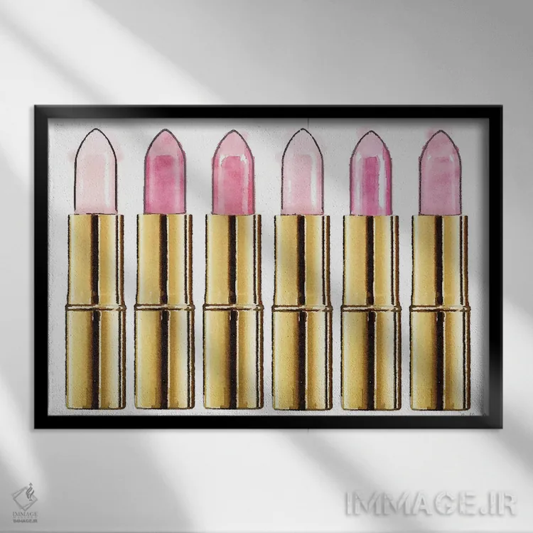 تابلو دکوراتیو رژ لب در طلایی و صورتی ملایم اثر آماندا گرینوود - نمای قابدار مشکی
