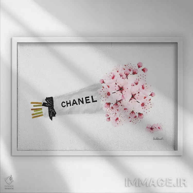 تابلو دکوراتیو دسته گل شکوفه گیلاس شانل اثر آماندا گرینوود - نمای قابدار سفید