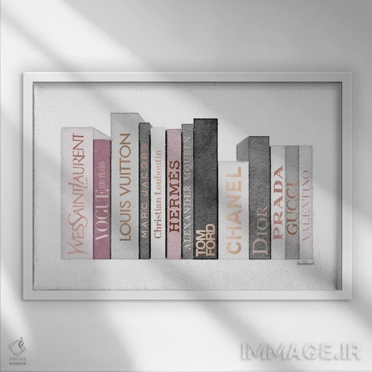 تابلو دکوراتیو Grey, And Pink Fashion Books,قفسه کتاب پر از کتاب های مد… اثر آماندا گرینوود - نمای قابدار سفید