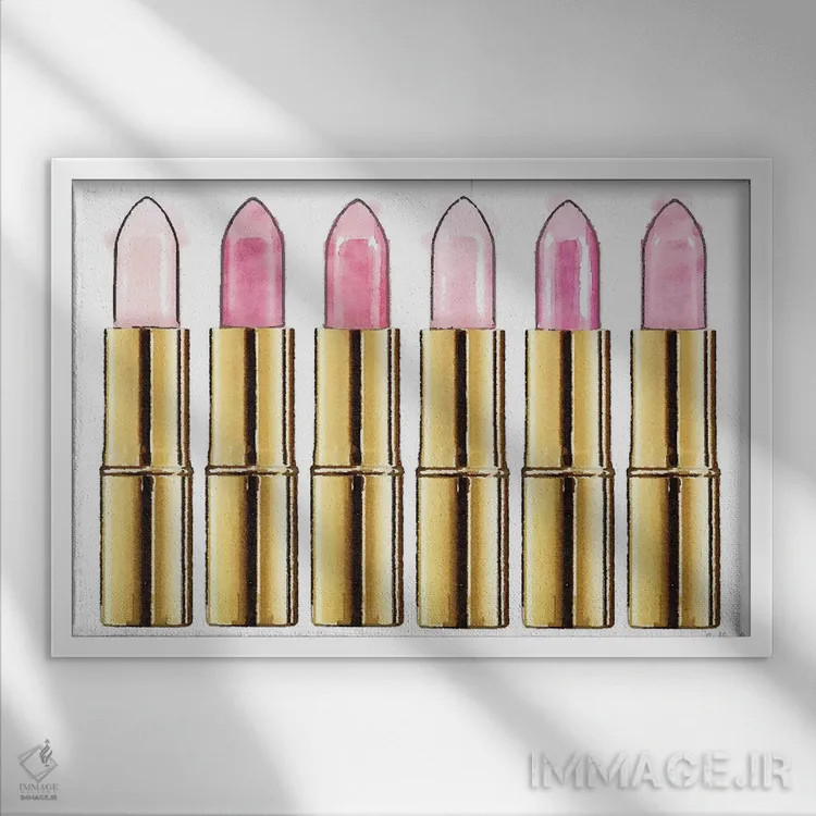تابلو دکوراتیو رژ لب در طلایی و صورتی ملایم اثر آماندا گرینوود - نمای قابدار سفید