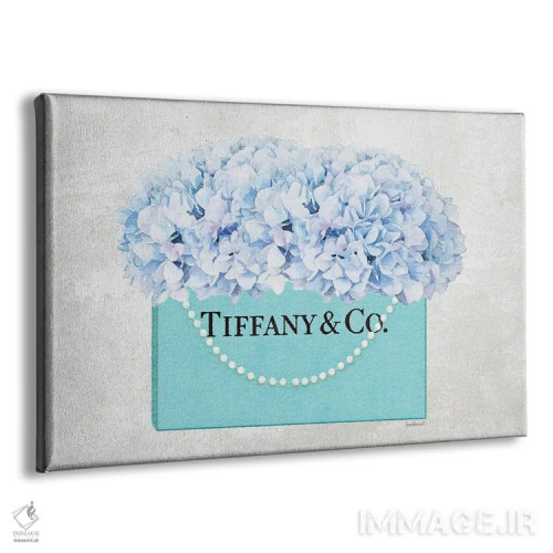 تابلو دکوراتیو کیف خرید فیروزه ای با دسته مرواریدی و گل ادریسی آبی بافت… اثر آماندا گرینوود - نمای پرسپکتیو محصول