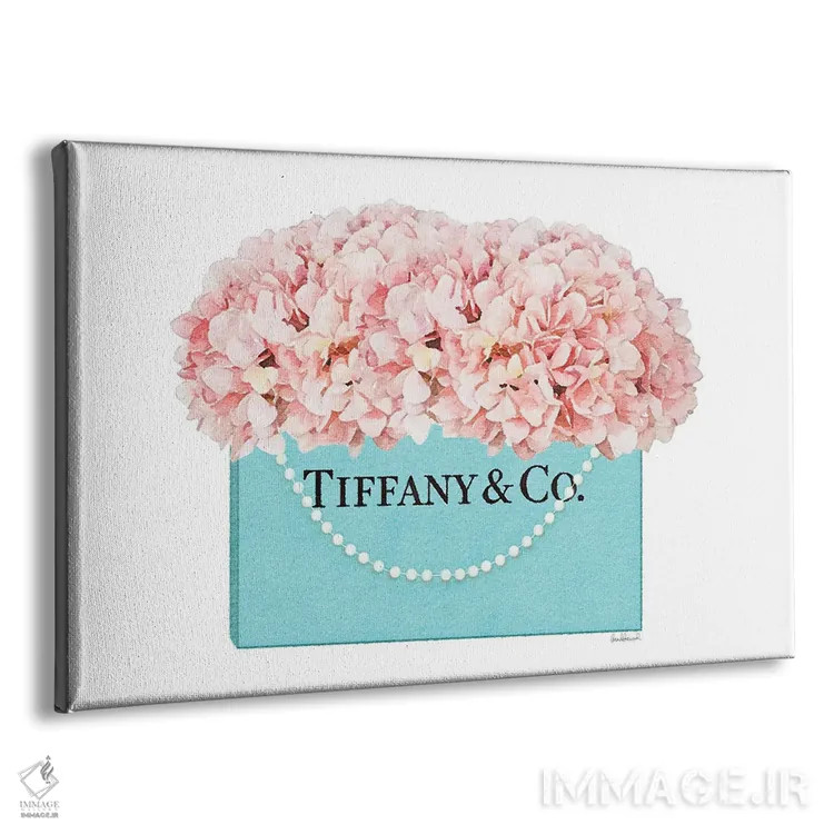 تابلو دکوراتیو کیف خرید فیروزه ای با دسته مرواریدی و گل ادریسی هلویی اثر آماندا گرینوود - نمای پرسپکتیو محصول