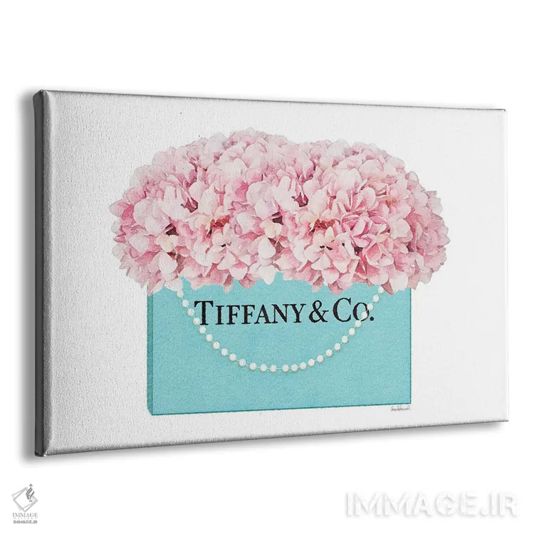 تابلو دکوراتیو کیف خرید فیروزه ای با دسته مرواریدی و گل ادریسی صورتی اثر آماندا گرینوود - نمای پرسپکتیو محصول