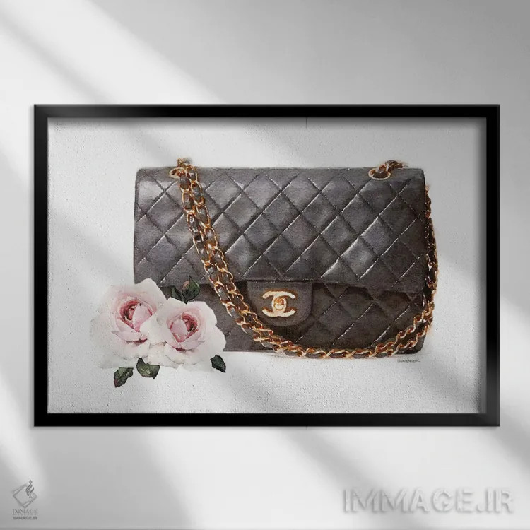 تابلو دکوراتیو کیف دوخته شده با گل رز اثر آماندا گرینوود - نمای قابدار مشکی