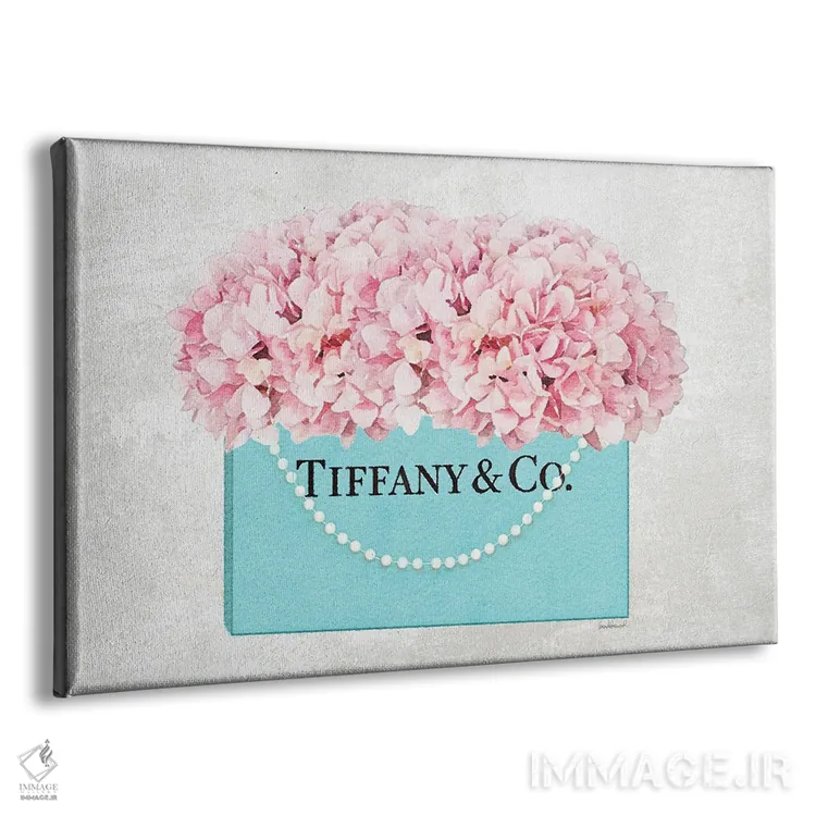تابلو دکوراتیو کیف خرید فیروزه ای با دسته مرواریدی و گل ادریسی صورتی با… اثر آماندا گرینوود - نمای پرسپکتیو محصول