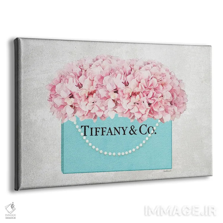 تابلو دکوراتیو کیف خرید فیروزه ای با دسته مرواریدی و گل ادریسی صورتی با… اثر آماندا گرینوود - نمای پرسپکتیو محصول