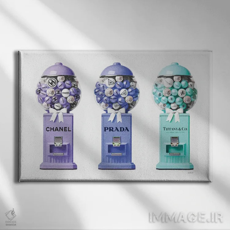 تابلو دکوراتیو مجموعه دستگاه توپ آدامس در رنگ های سرد اثر آماندا گرینوود - نمای روبهرو روی دیوار