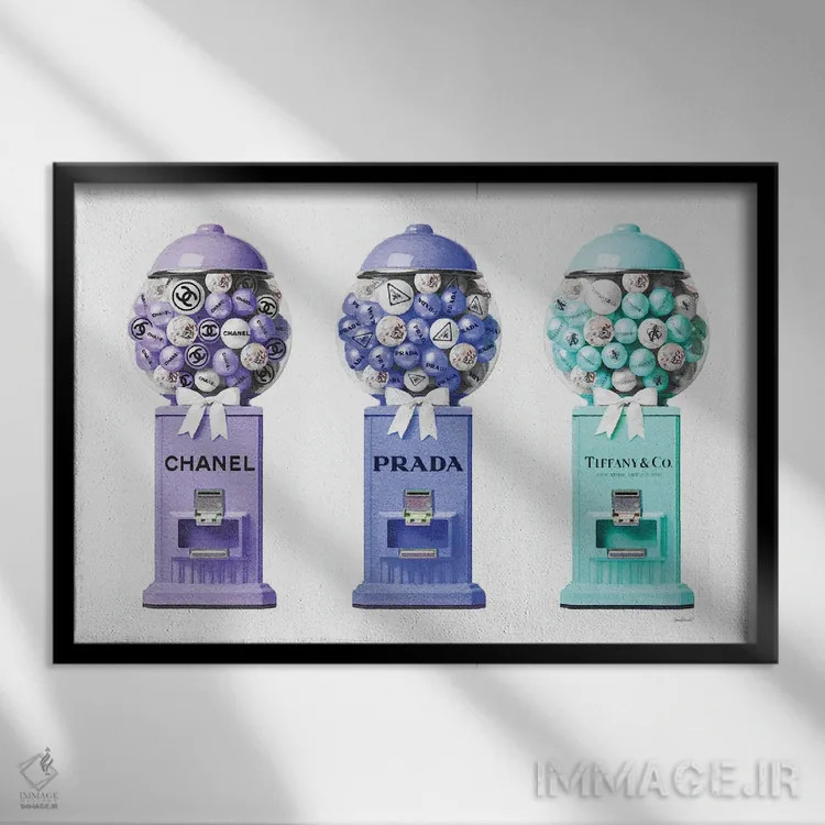 تابلو دکوراتیو مجموعه دستگاه توپ آدامس در رنگ های سرد اثر آماندا گرینوود - نمای قابدار مشکی