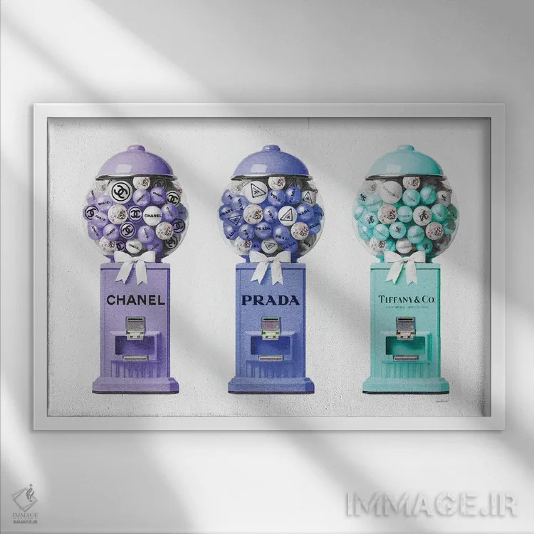 تابلو دکوراتیو مجموعه دستگاه توپ آدامس در رنگ های سرد اثر آماندا گرینوود - نمای قابدار سفید