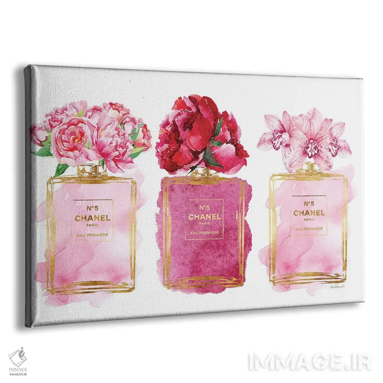 تابلو دکوراتیو سه شیشه عطر به رنگ صورتی اثر آماندا گرینوود - نمای پرسپکتیو محصول