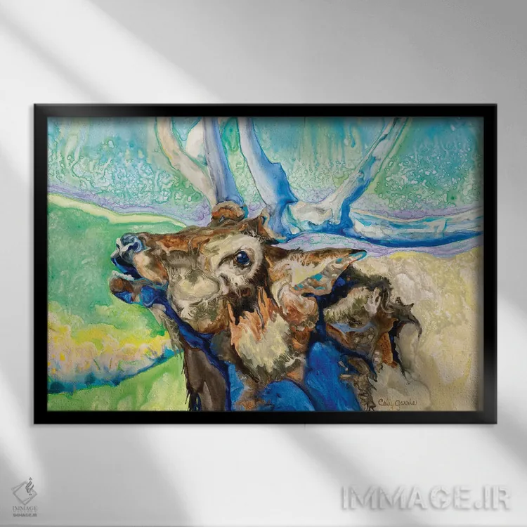تابلو دکوراتیو گوزن تنها اثر کالی گاریس - نمای قابدار مشکی