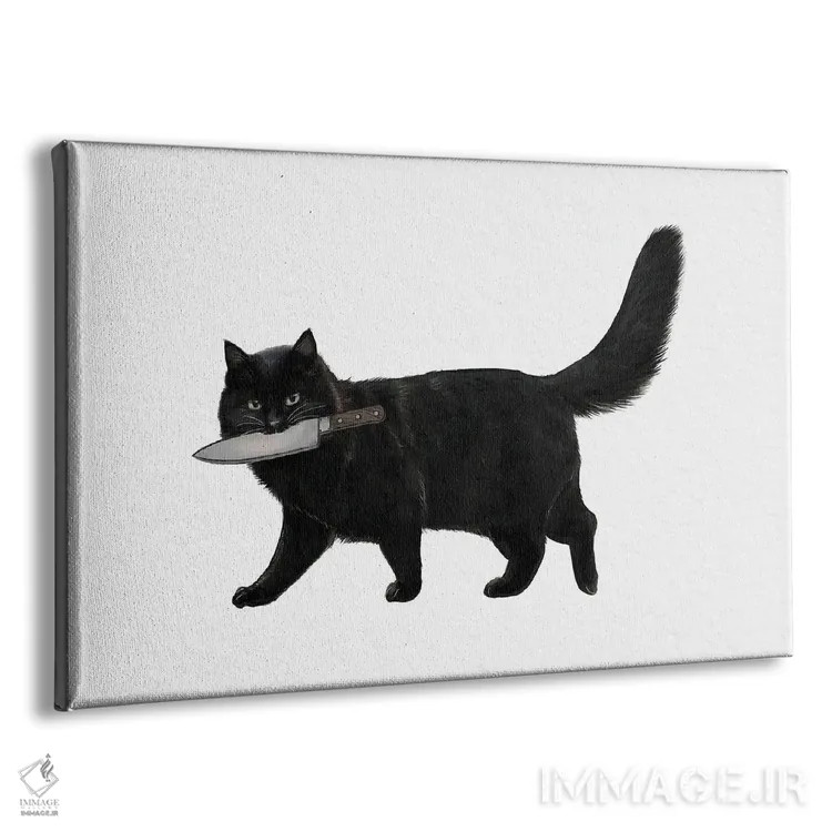 تابلو دکوراتیو گربه چاقو به دست اثر لورا گریوز - نمای پرسپکتیو محصول