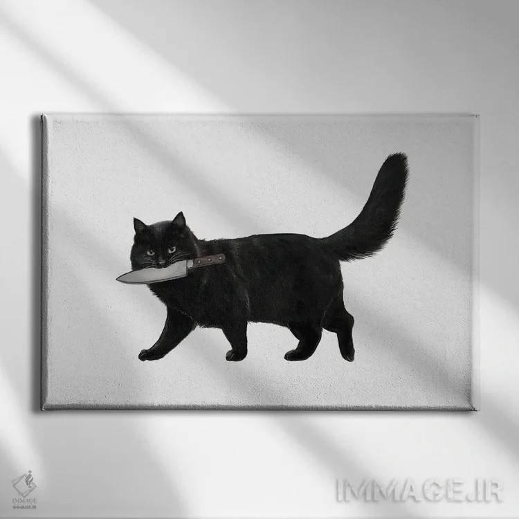 تابلو دکوراتیو گربه چاقو به دست اثر لورا گریوز - نمای روبهرو روی دیوار