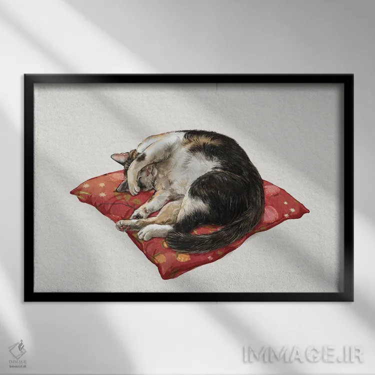 تابلو دکوراتیو گربه خوابیده روشن اثر لورا گریوز - نمای قابدار مشکی