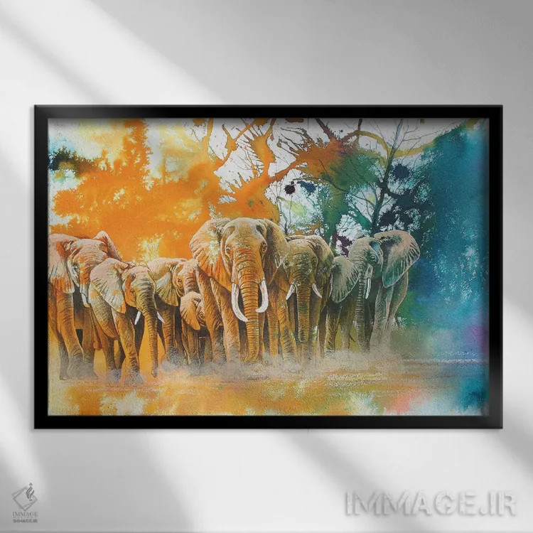 تابلو دکوراتیو قبیله فیل ها اثر گرائیم استیونسون - نمای قابدار مشکی