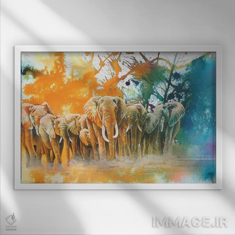 تابلو دکوراتیو قبیله فیل ها اثر گرائیم استیونسون - نمای قابدار سفید